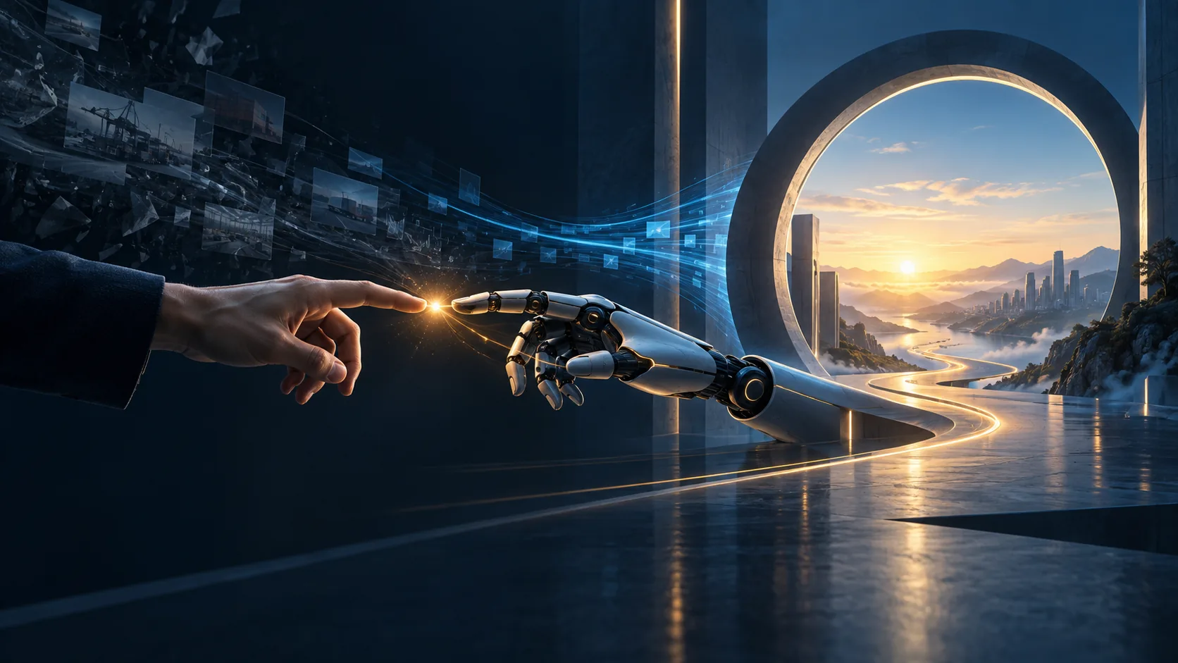 Uma mão humana encontra uma mão tecnológica. Dessa conexão nasce a luz que percorre um caminho até o horizonte.